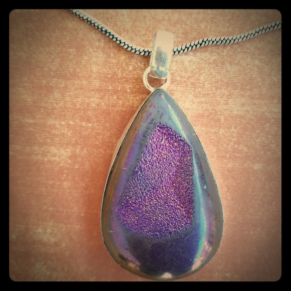 Handmade Jewelry - New Purple Peacock Agate Druzy 925 Silver Necklace.